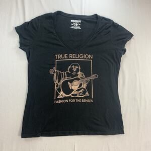 True Religion Shirt Women's Size XL Logo Buddha Black V-Neck Tee